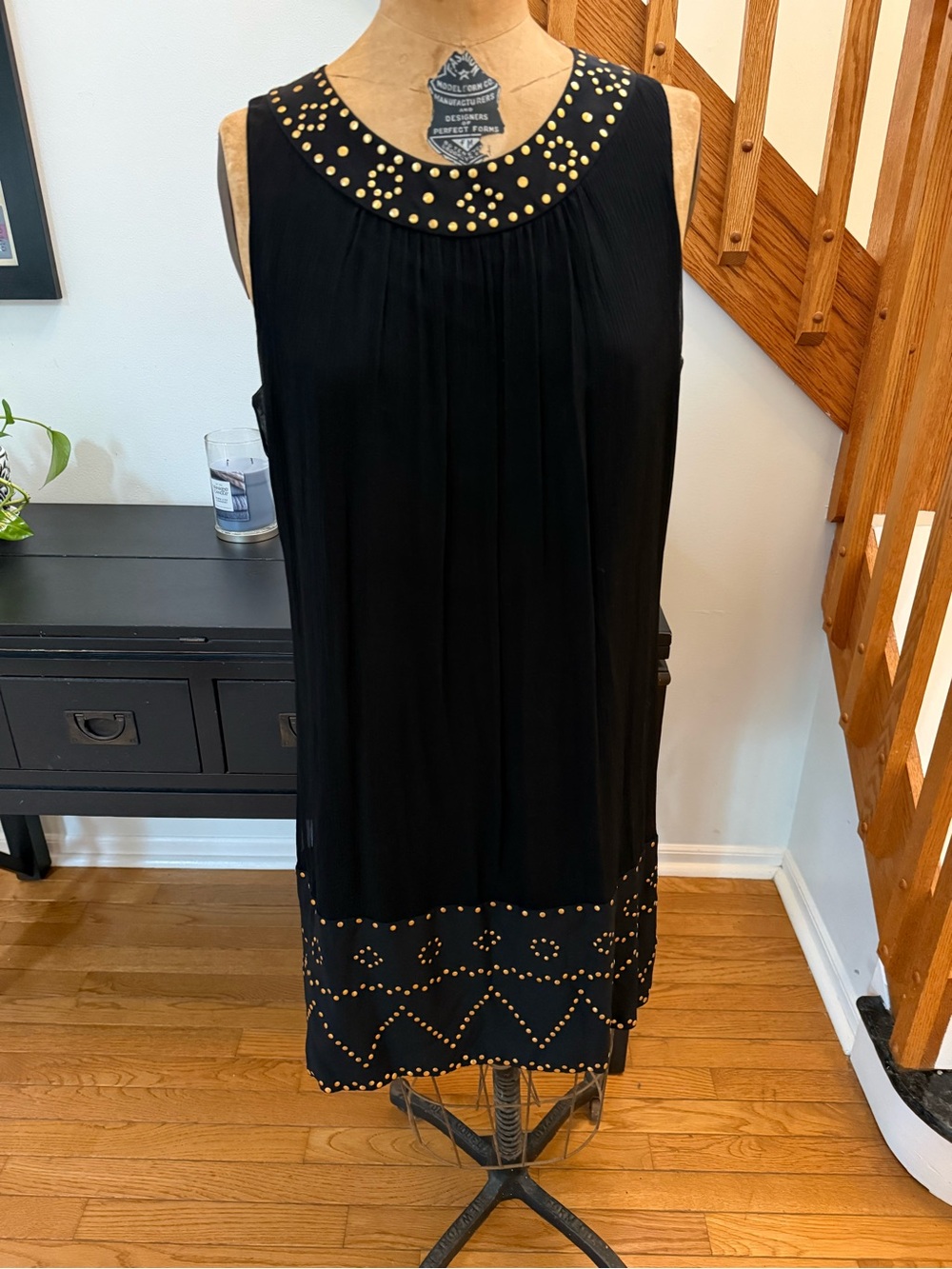 Betsey Johnson Black Silk Mini Dress with Gold Stud Trim